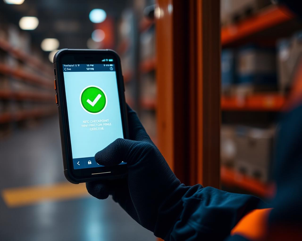 Security guard scanning an NFC checkpoint tag with a rugged smartphone showing a green inspection confirmation