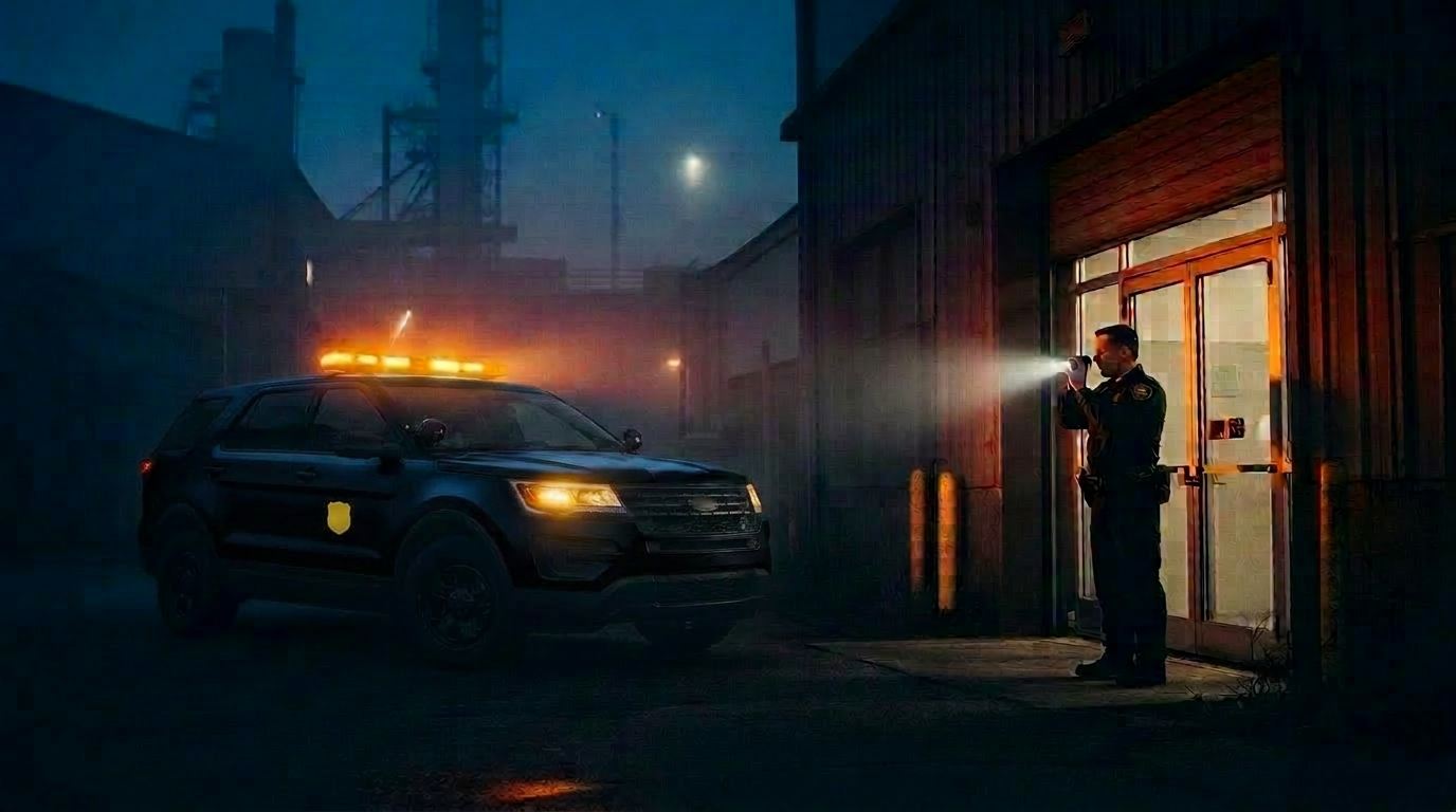 Uniformed mobile patrol officer inspecting a commercial entrance at night beside a marked patrol vehicle with amber light bar